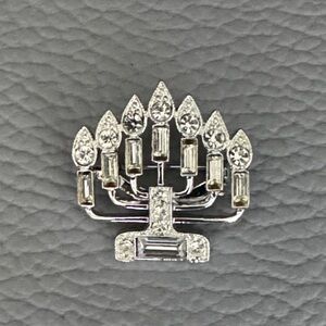 SILVER TONE MENORAH BROOCH PIN CLEAR RHINESTONES